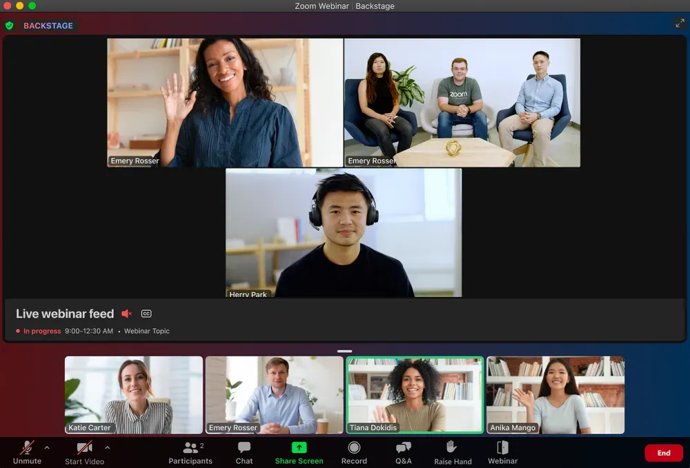 Zoom Webinars host experience showing the live webinar interface, presenter controls, and audience management tools during a session