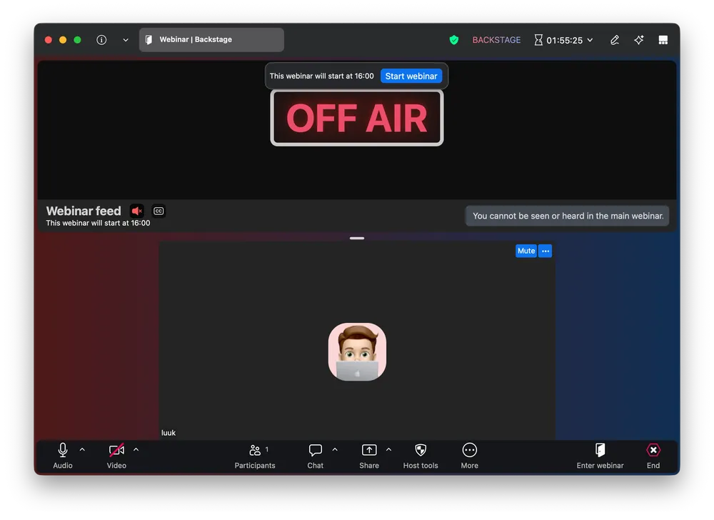 Backstage environment in Zoom Webinars Plus showing the off-air holding area where speakers prepare before going live