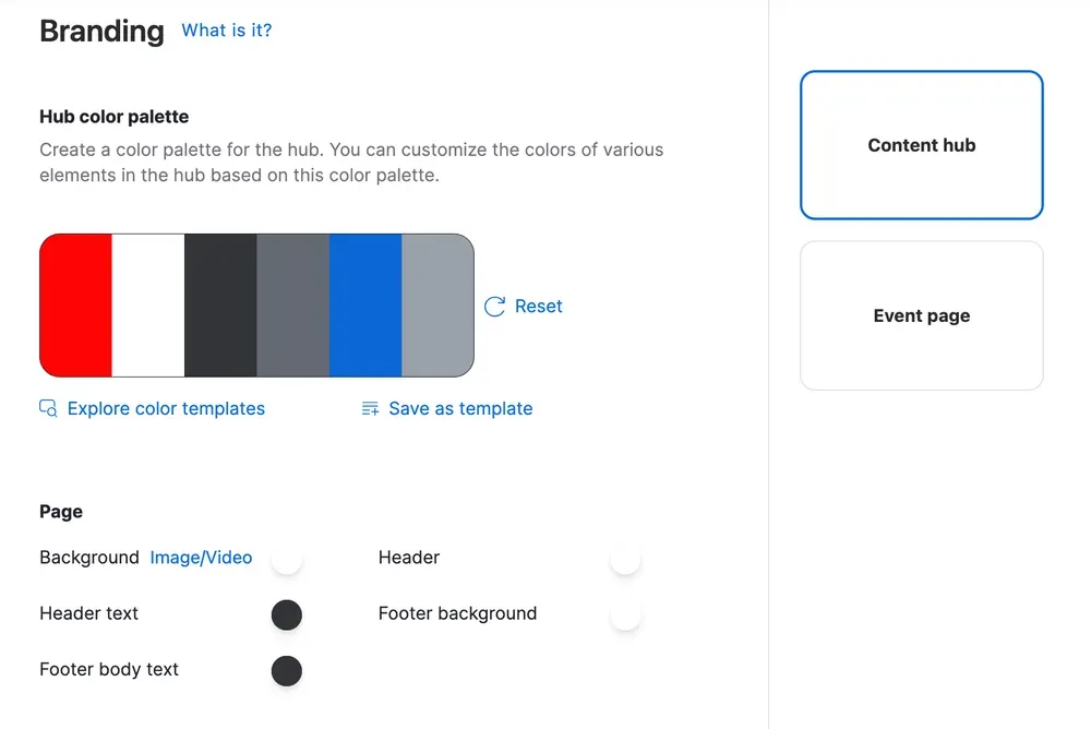 Brand kit settings in Zoom Webinars Plus for customizing content hub and event page appearance
