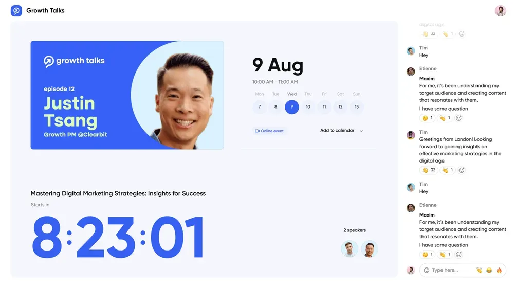 Branded webinar registration page on Contrast showing logo, colours and countdown — ready to host a webinar