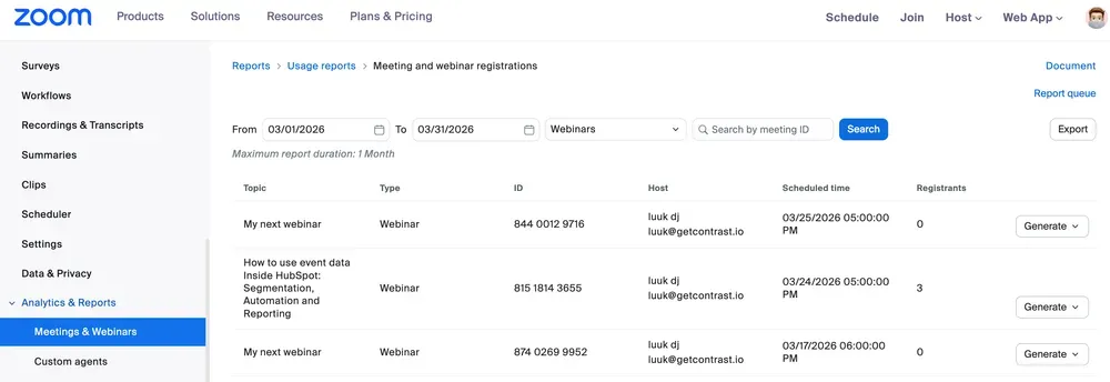 Custom report builder in Zoom Webinars standard showing CSV-only analytics with no live dashboard or engagement scoring