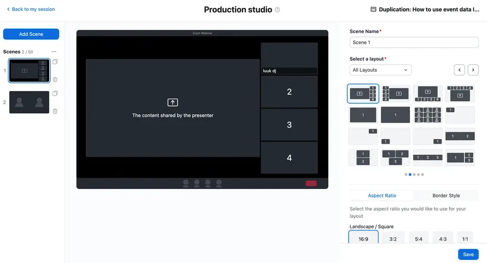 Zoom Webinars Plus production studio showing scene layout options that are disconnected from the live session controls
