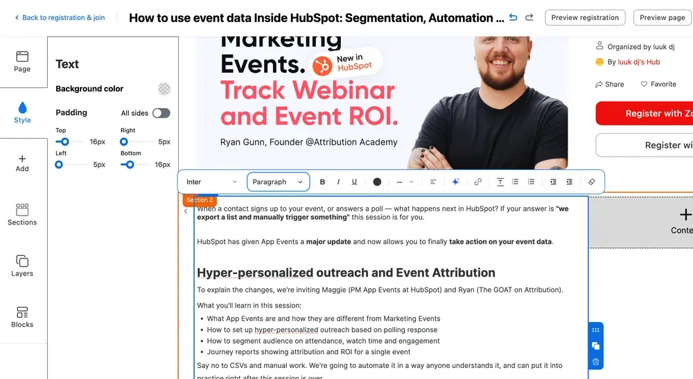 Zoom Webinars Plus registration page editor with hero image, speaker sections and branded color theme