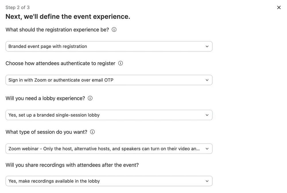 Zoom Webinars Plus setup wizard showing complex configuration options that create a steep learning curve for new users