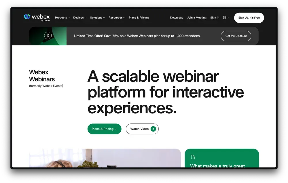 Webex homepage showing Cisco's video conferencing and webinar platform, compared against Zoom Webinars in this review