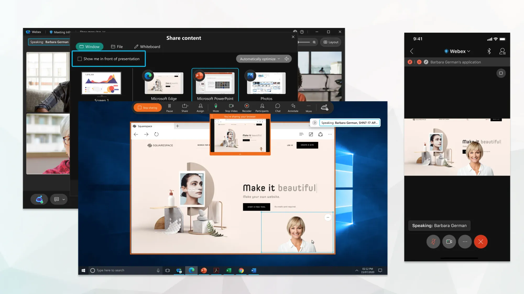 Webex presenter view showing video overlay on shared content during a live webinar session, a key feature difference from Zoom Webinars