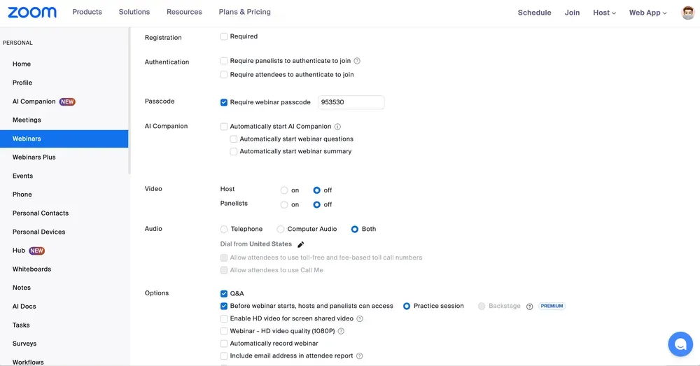 Zoom Webinars setup screen showing default settings that are off by default, requiring manual configuration for professional B2B webinars"