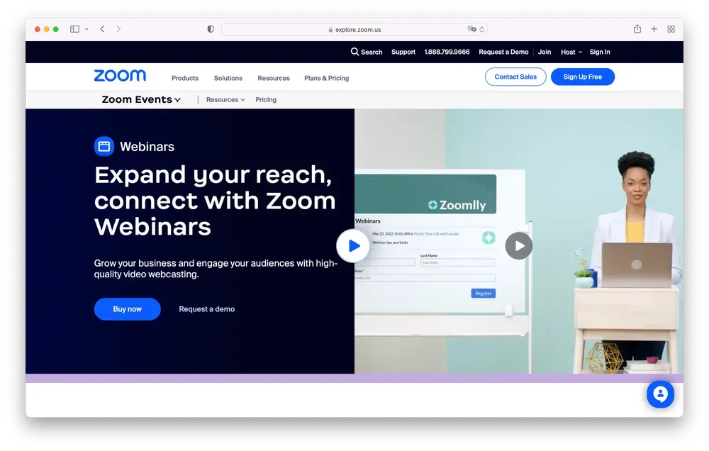 Zoom Webinars homepage showing the webinar add-on product built on top of Zoom Meetings, with attendee limit plans and pricing