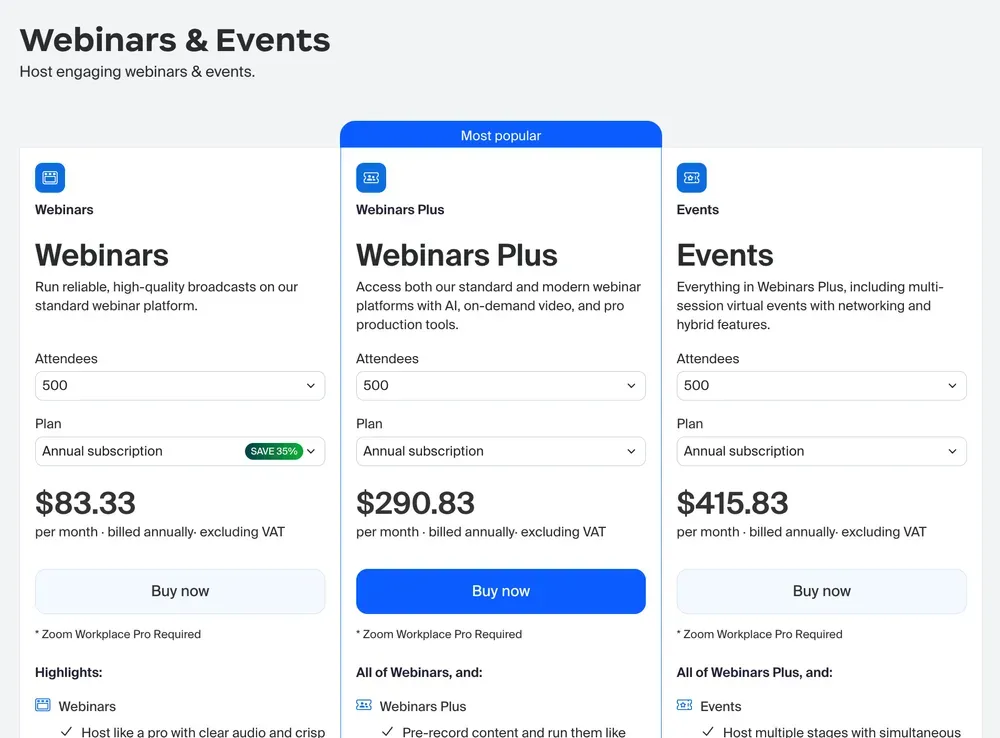 Side-by-side comparison of Zoom Webinars and Zoom Webinars Plus pricing