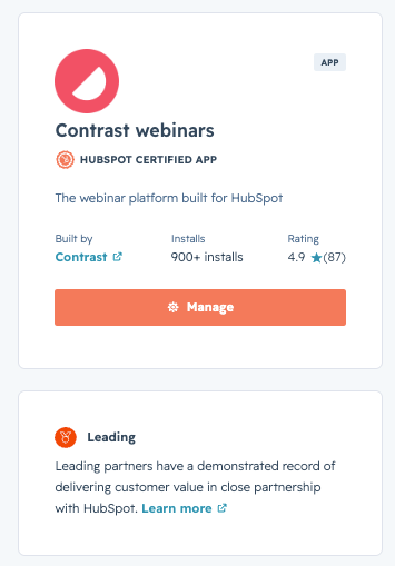 screenshot showing Contrast is HubSpot certified, Rated 4.9 stars, and a leading technology partner