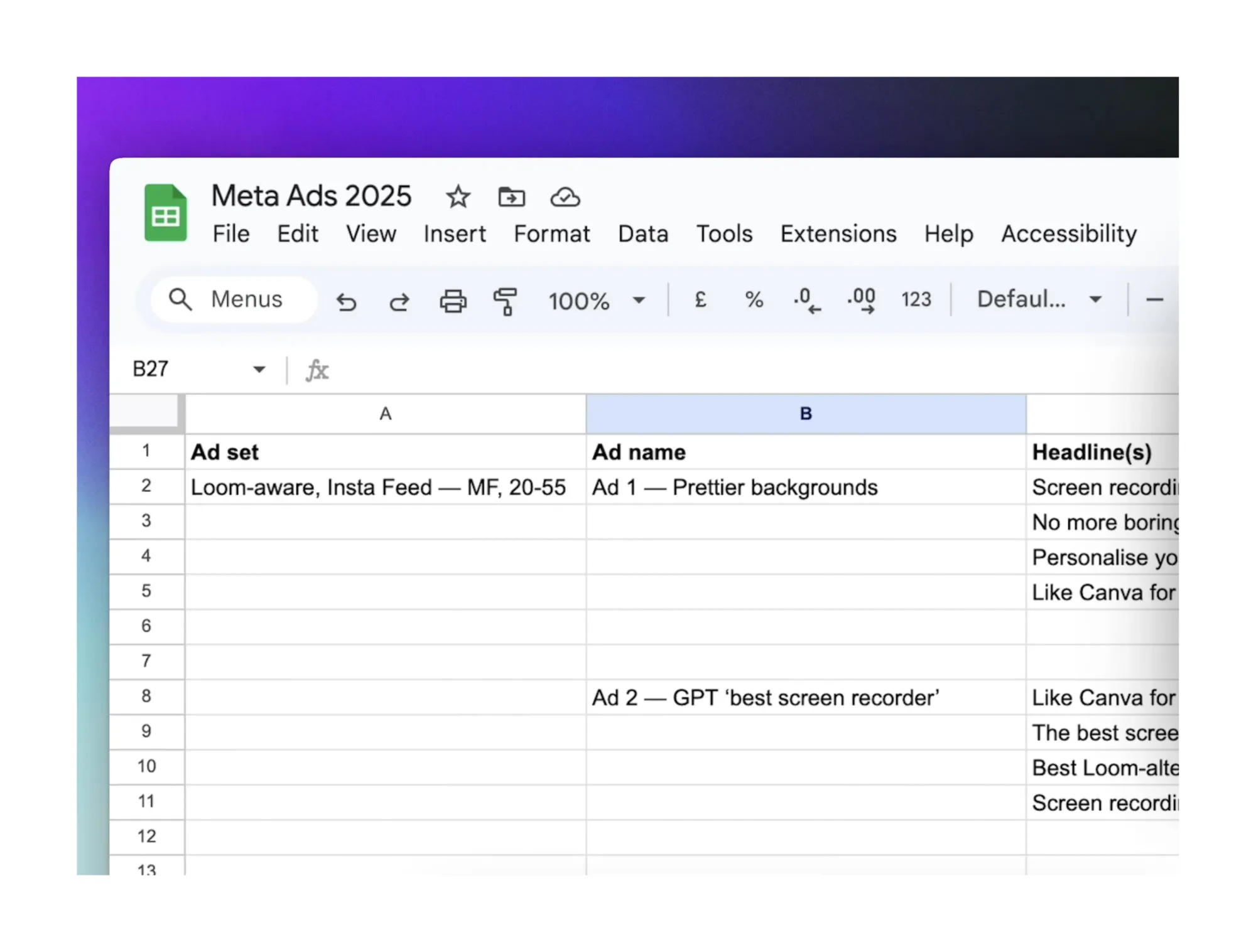 Screenshot from a CSV with top-performing headlines exported from Meta