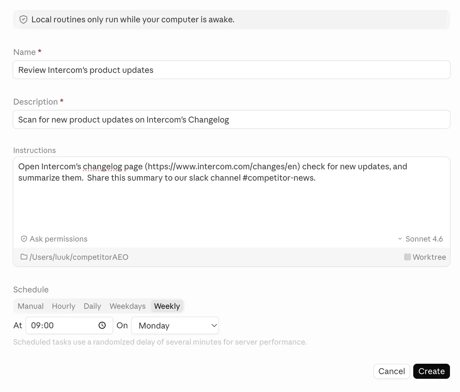 Claude setup for creating routines