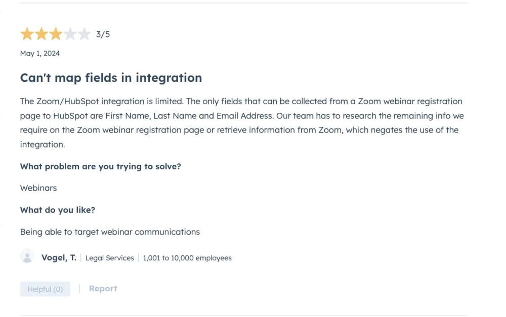 Screenshot of review of Zoom on HubSpot Marketplace