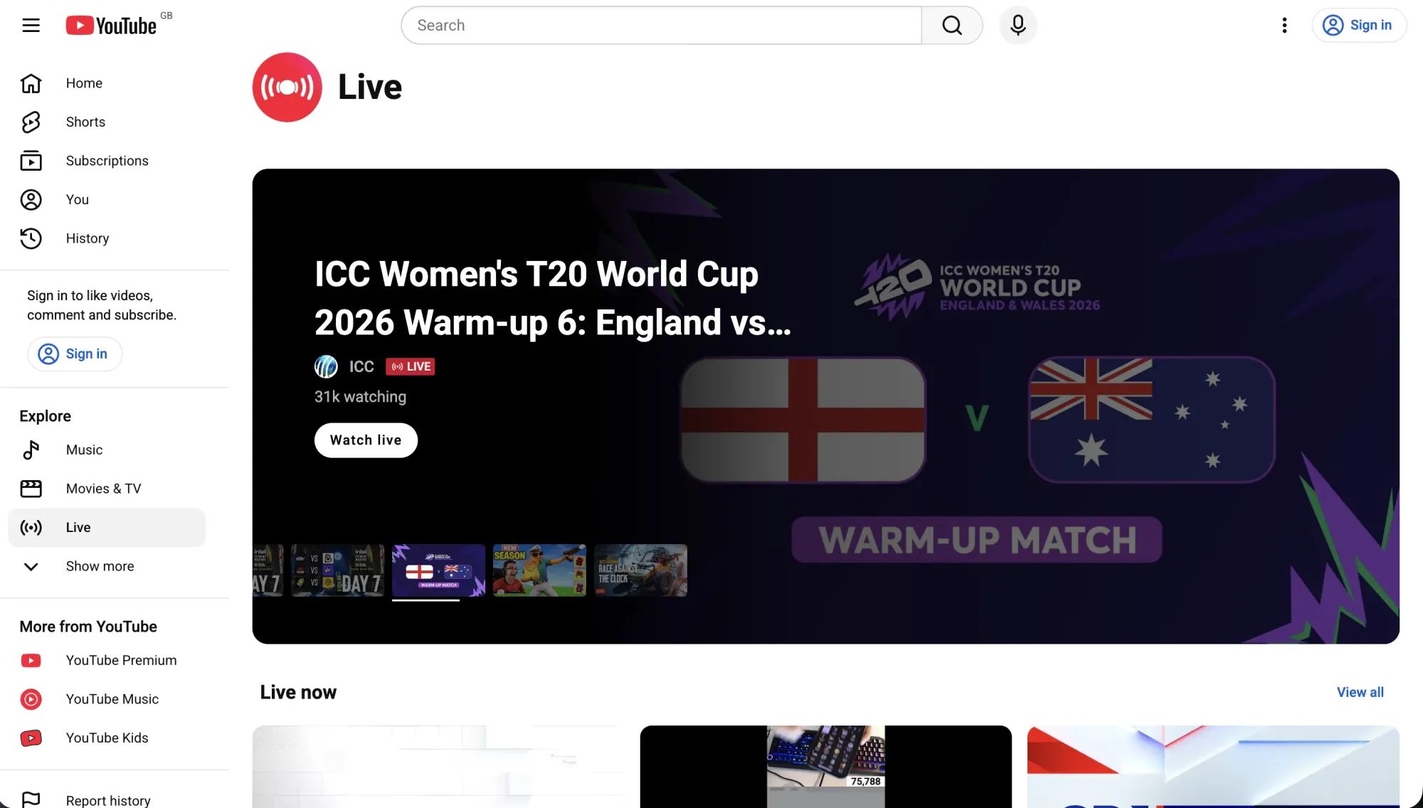 Screenshot of Youtube Live