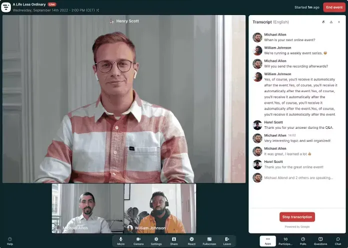 Screenshot showing the webinar attendee experience on Livestorms's free plan