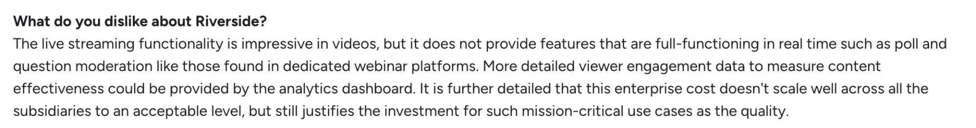 G2 Review of someone who is dissatisfied with Riverside for their webinars