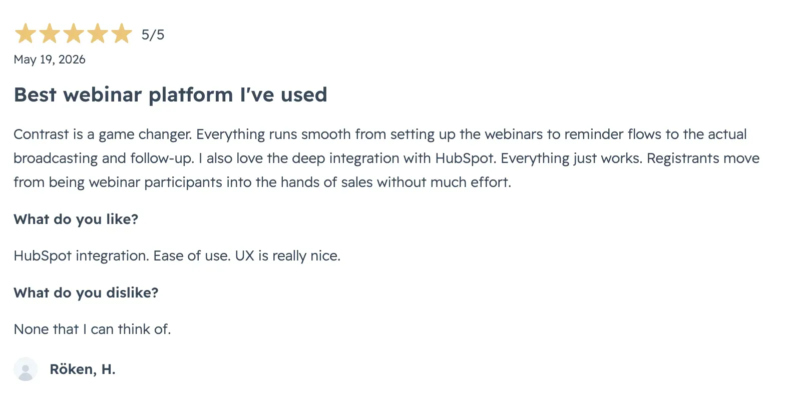 Positive review for Contrast on HubSpot Marketplace