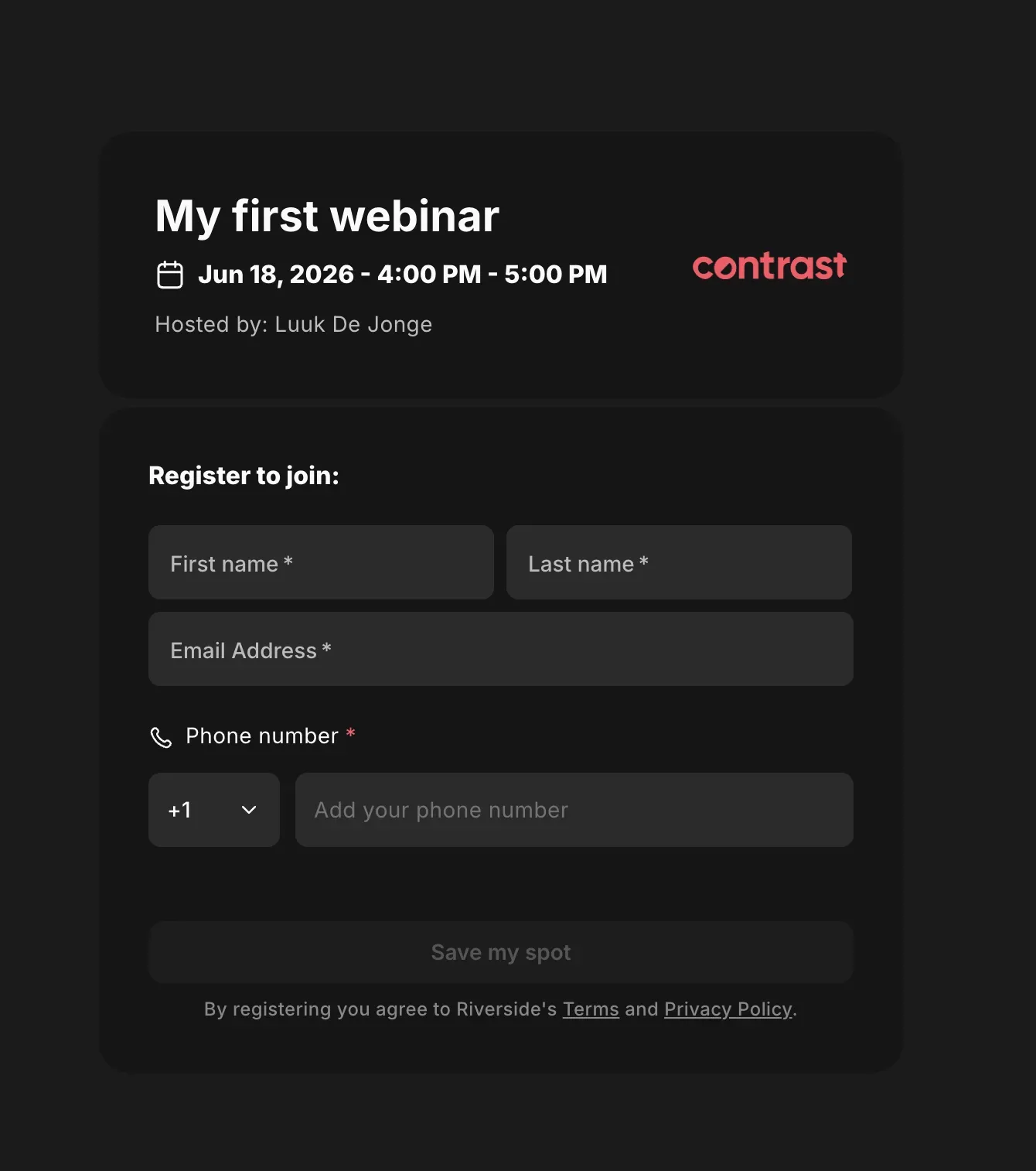Screenshot of a basic registration page on Riverside