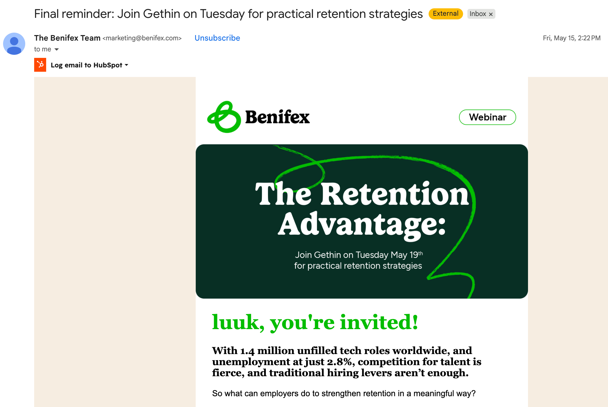 Screenshot of a final reminder email example