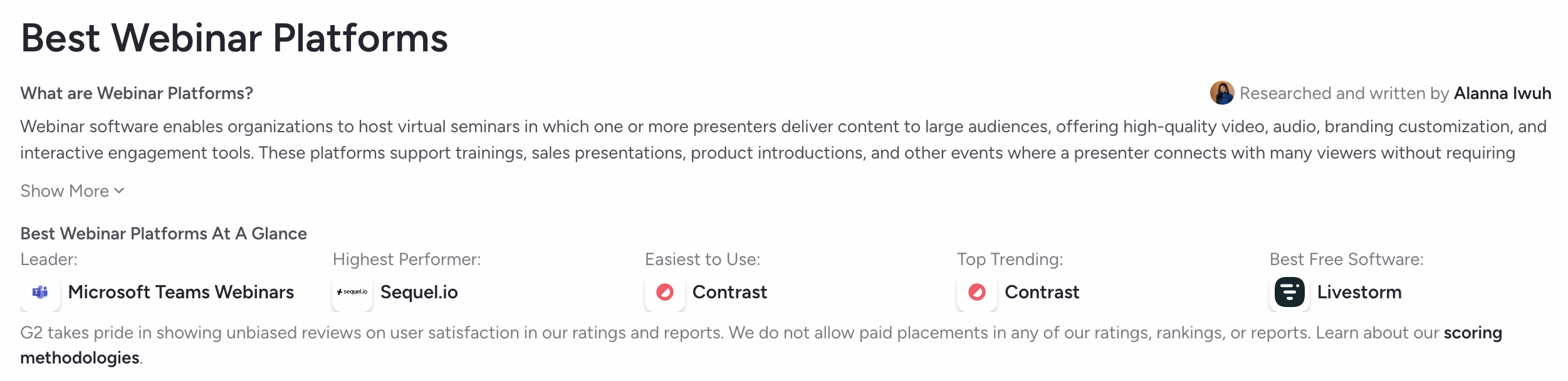 Screenshot taken in June 2026 of G2 Best Webinar Platform ranking