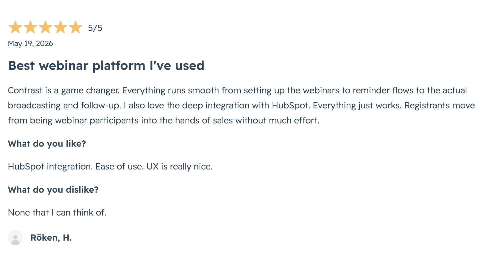 5 Star Review on HubSpot Marketplace of Contrast Webinars