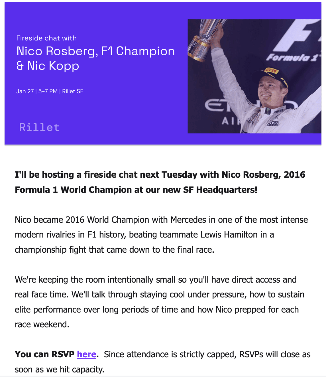 Invitation email to a fireside chat