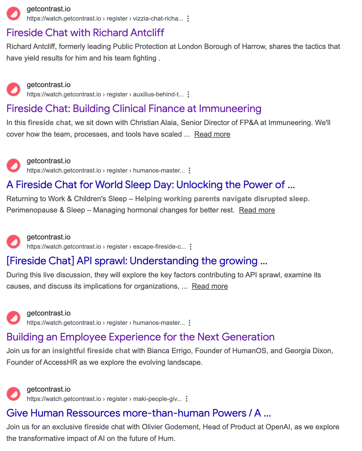 Google Search results on different fireside chats hosted on Contrast webinars