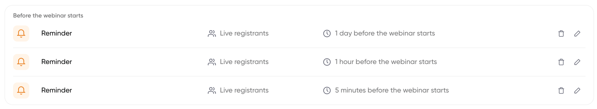 Reminder emails that are pre-configured on Contrast webinars