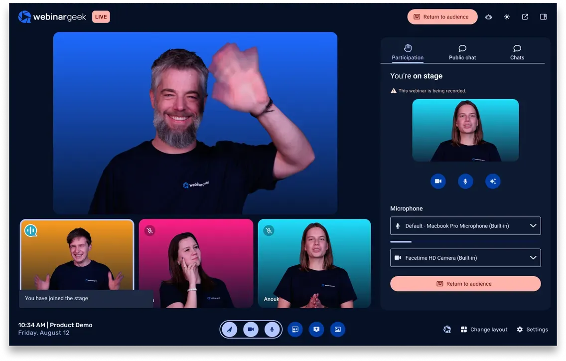 Screenshot of the webinar studio on WebinarGeek
