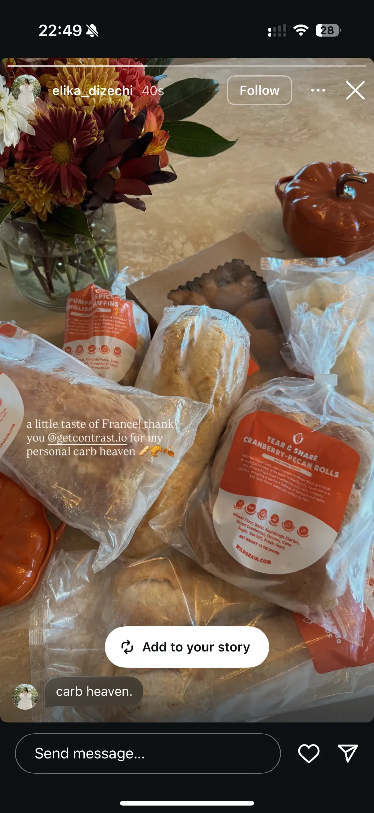 Screenshot on Instagram of a bag full of croissants and other baked goods