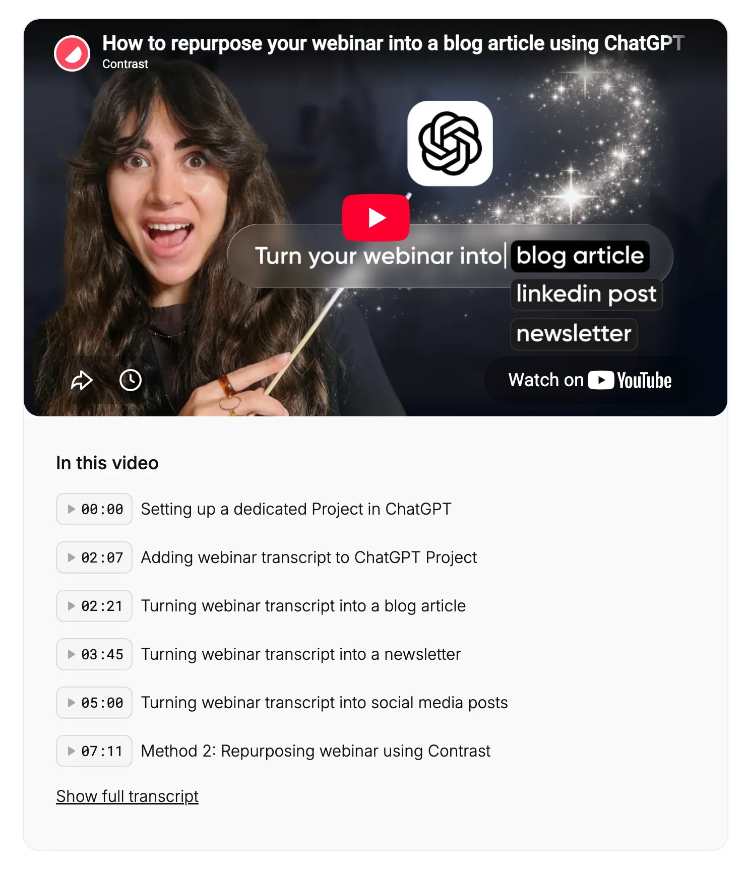 Screenshot of the chapters on a mini-guide on repurposing webinars using ChatGPT