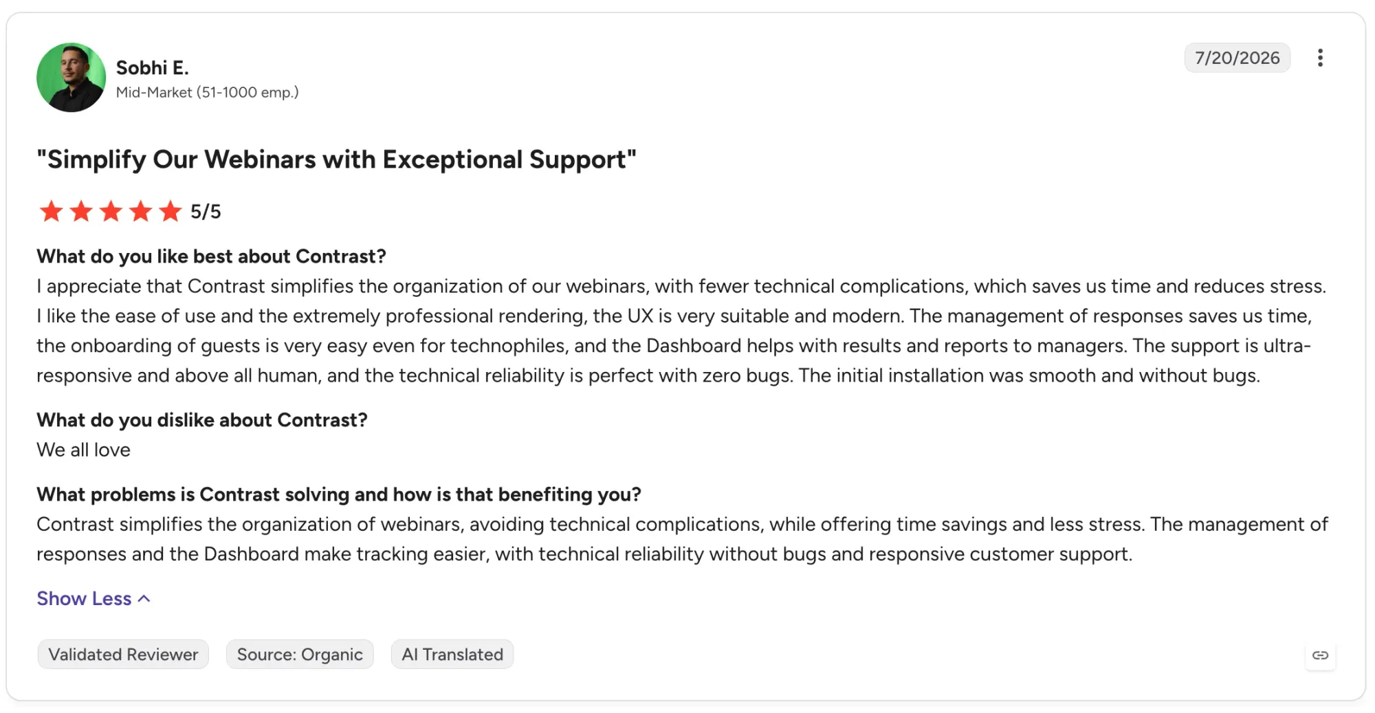 Screenshot of a 5-star review for Contrast webinars