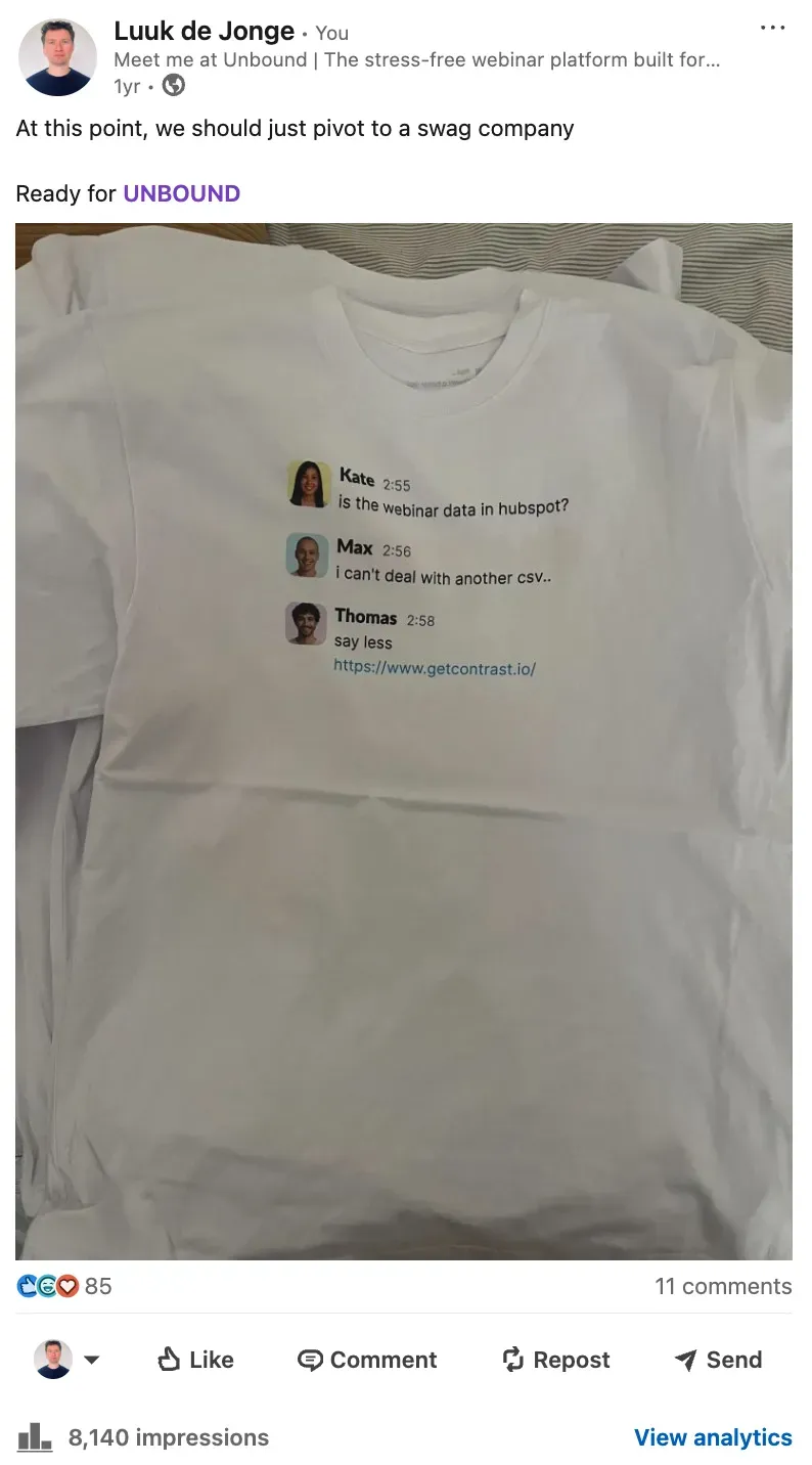 Screenshot of a LinkedIn post featuring a t-shirt