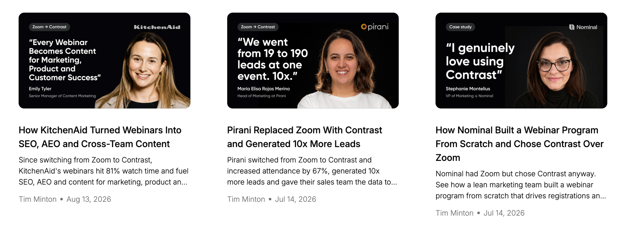 Screenshot of 3 case study thumbnails praising Contrast