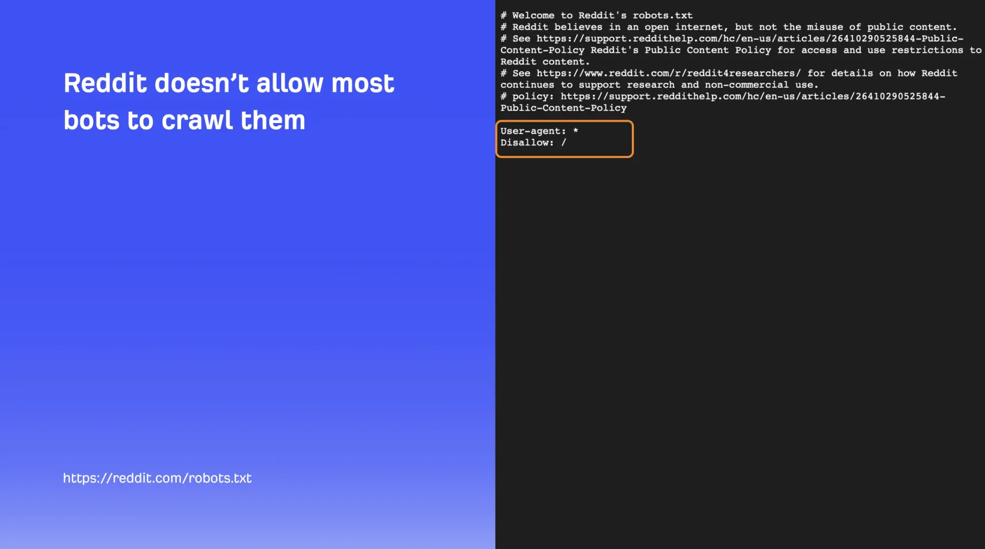 Reddit's robots.txt disallows crawling for essentially all bots — which is exactly why most brand-monitoring tools (including this one) work around Reddit's search visibility rather than scraping the site directly.