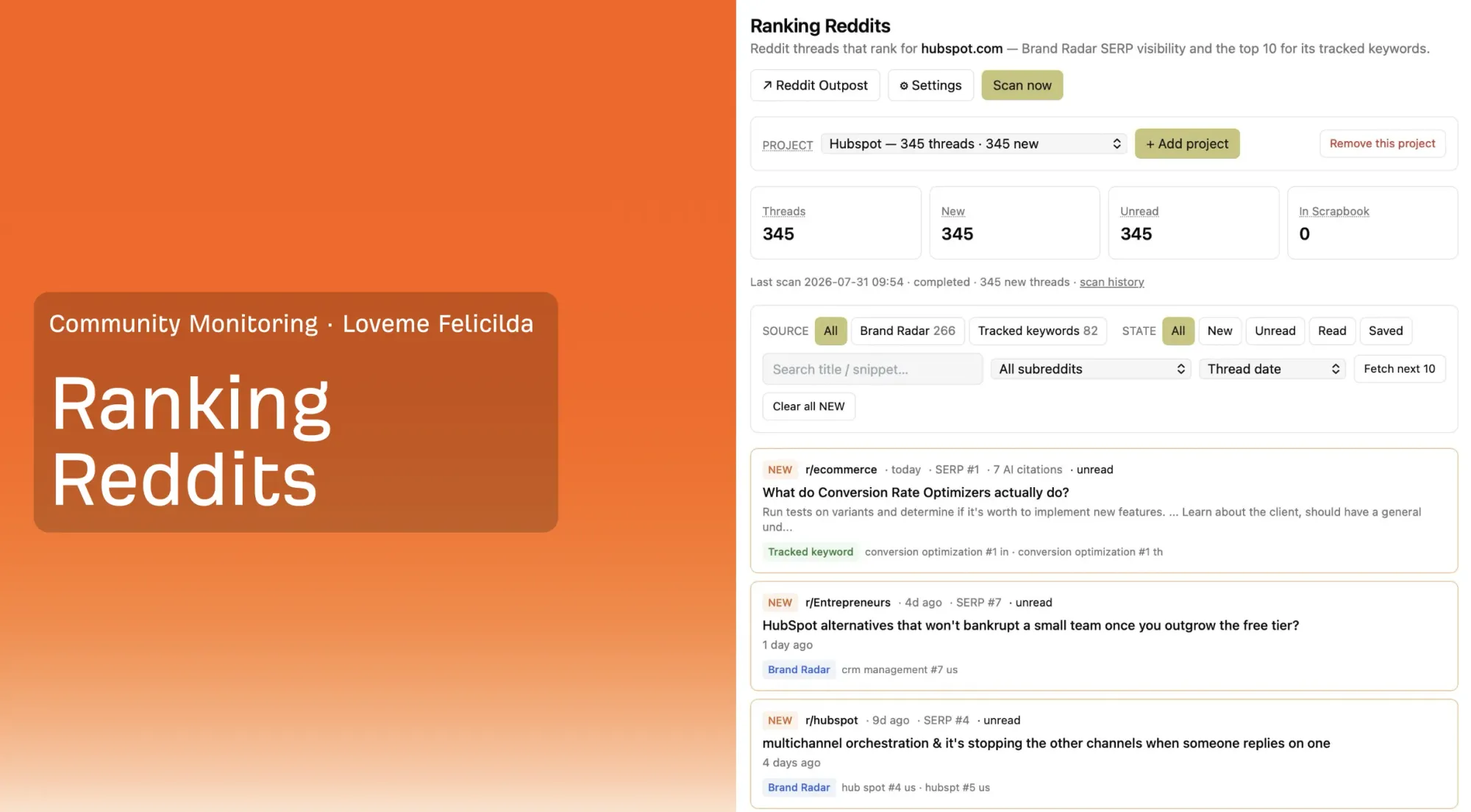 The Ranking Reddits dashboard: every relevant thread pulled into one feed, filterable by source and read-state, so a community manager can process new conversations without manually searching Reddit each day.