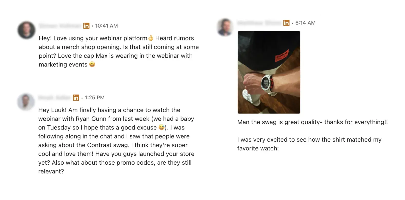 Screenshot of different LinkedIn messages commenting on Contrast merch