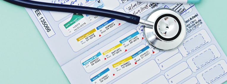 Ein Stethoskop liegt auf einem Impfausweis eines Welpen.