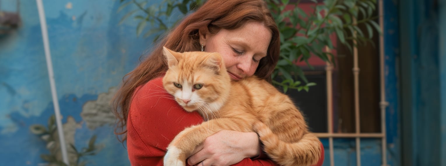 Eine Besitzerin kuschelt mit ihrer Katze.