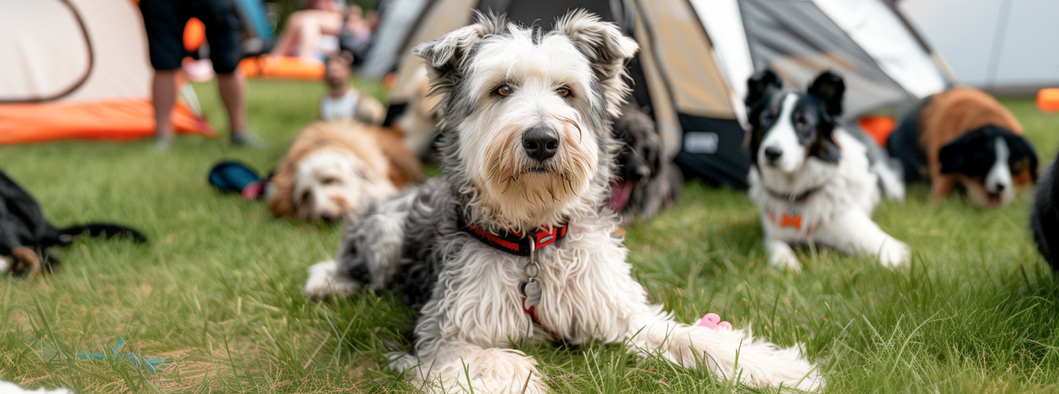 Ein Hund liegt im Gras und wartet, dass er spielen darf.