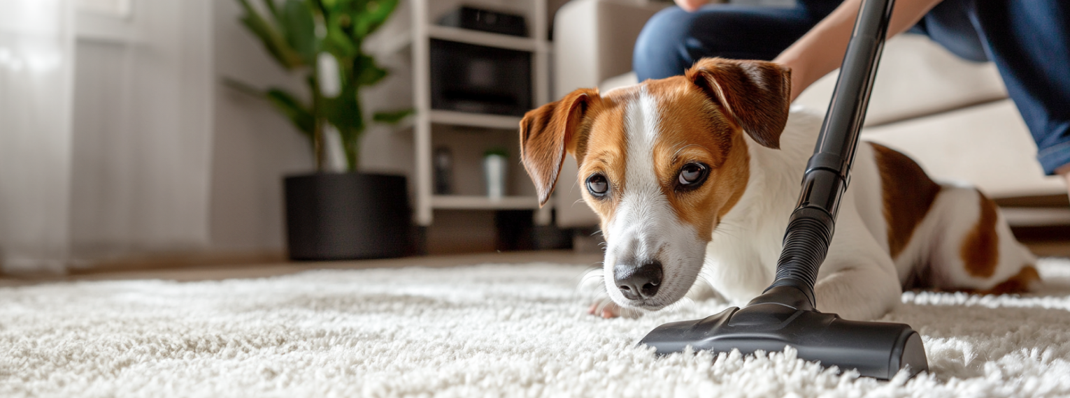 Ein Hund beobachtet den Staubsauger.