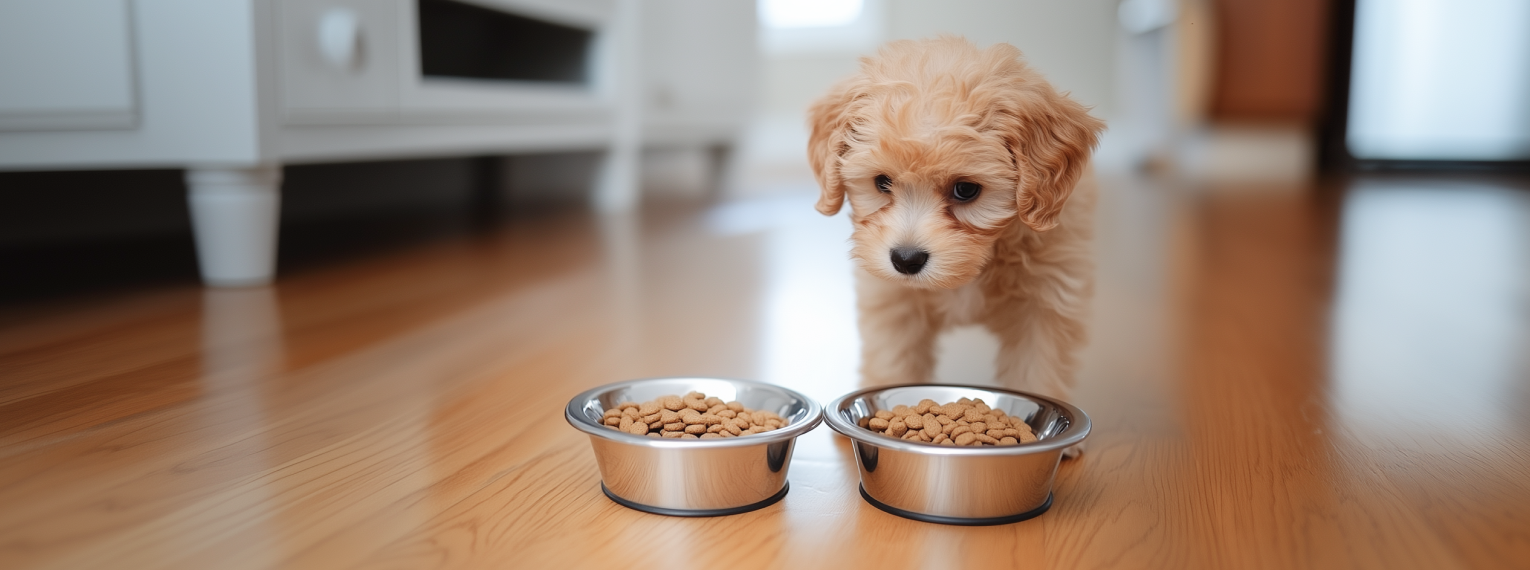 Ein Hund starrt sein Essen an.