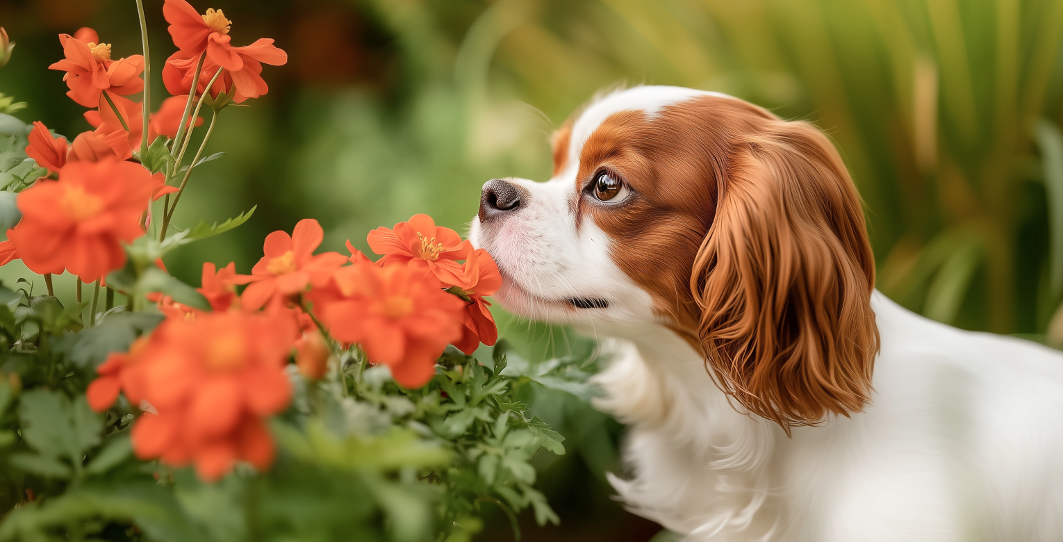 Ein Hund schnuppert an einer Blume.