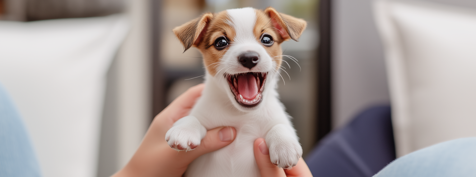 Ein kleiner Welpe schaut aufgeregt in die Kamera.