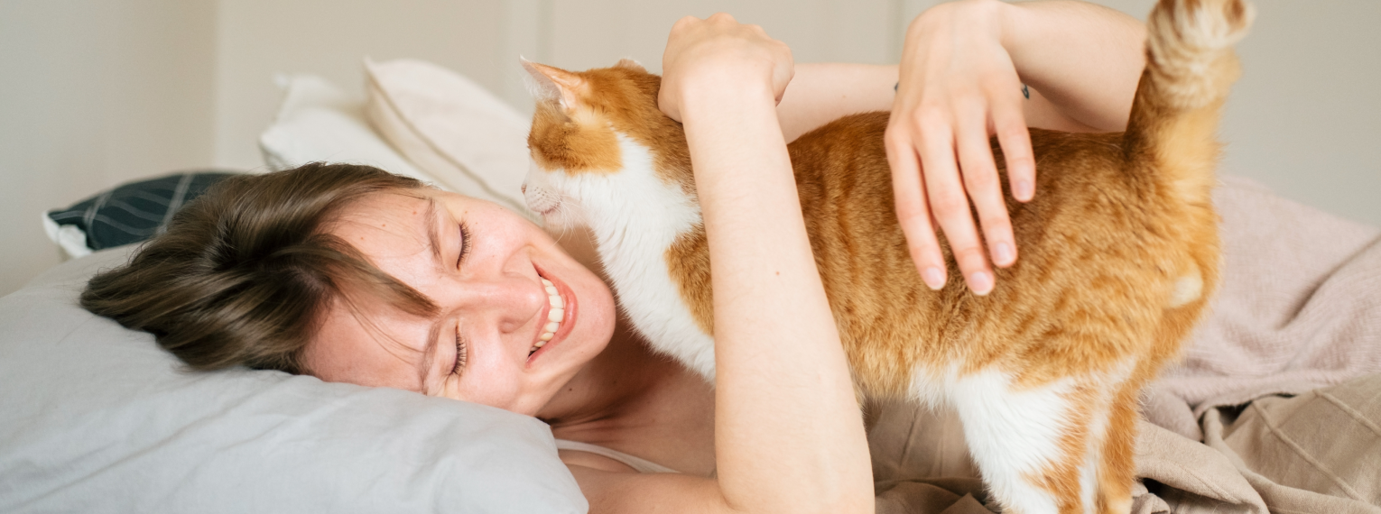 Eine Frau liegt auf einem Sofa und schmust mit einer Katze.