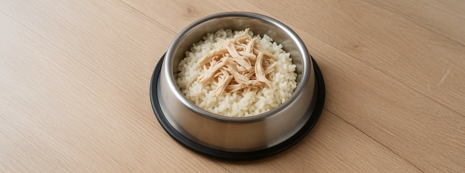 Eine Hundeschüssel mit gekochtem Reis und geschnetzeltem Hühnerfleisch.