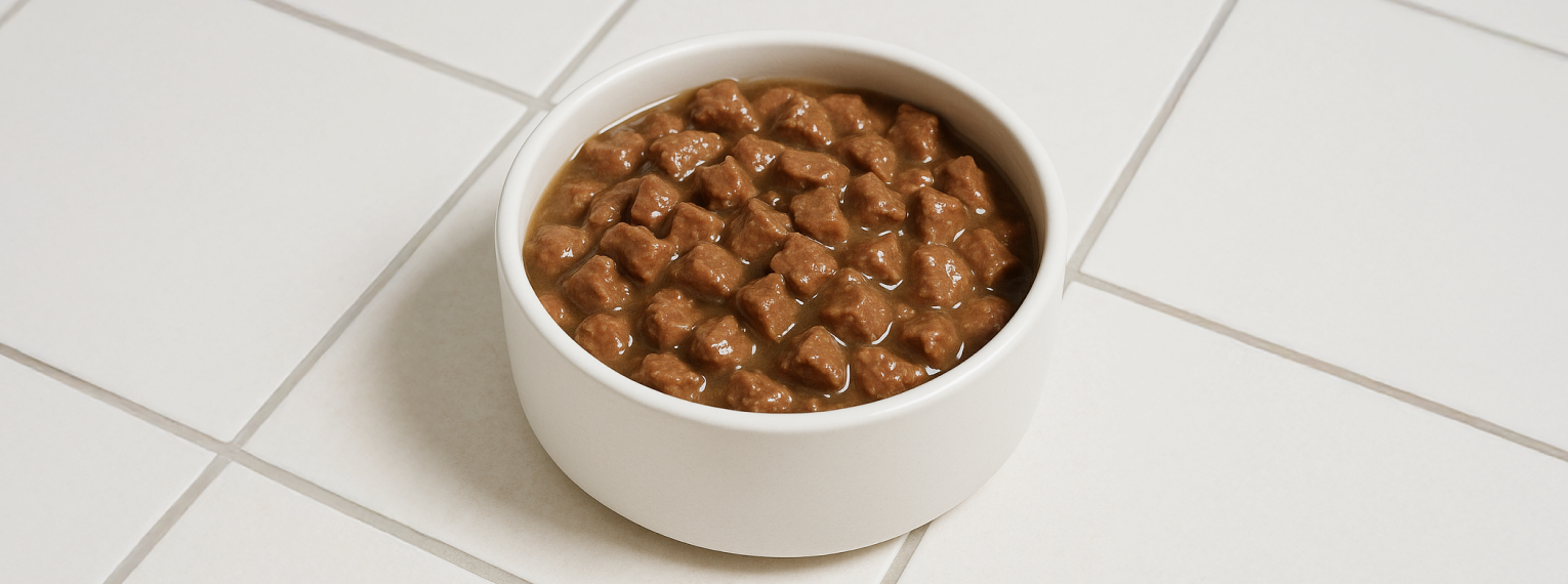 Eine Schüssel mit darmschonendem Nassfutter für Hunde mit Morbus Addison.