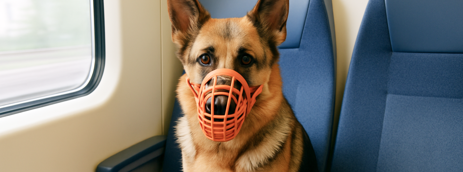 Ein Hund sitzt im Zug und trägt einen Maulkorb.