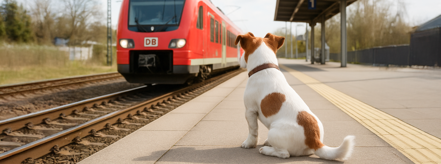 Ein Hund sitzt am Bahnhof.