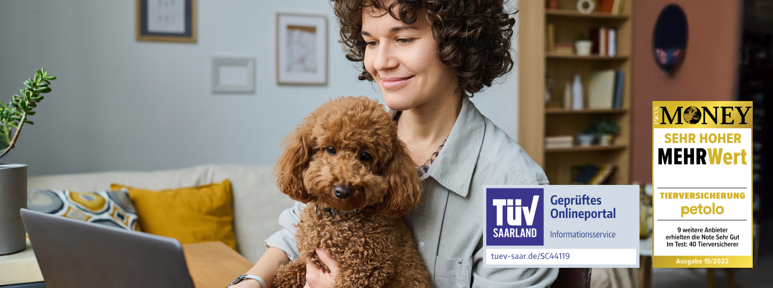 Eine Hundebesitzerin vergleicht Tarife für Hundekrankenversicherungen. Auf dem Bild sind zudem das TÜV-Siegel für geprüfte Onlineportale und die Auszeichnung "sehr hoher Mehrwert" von Focus Money abgebildet.